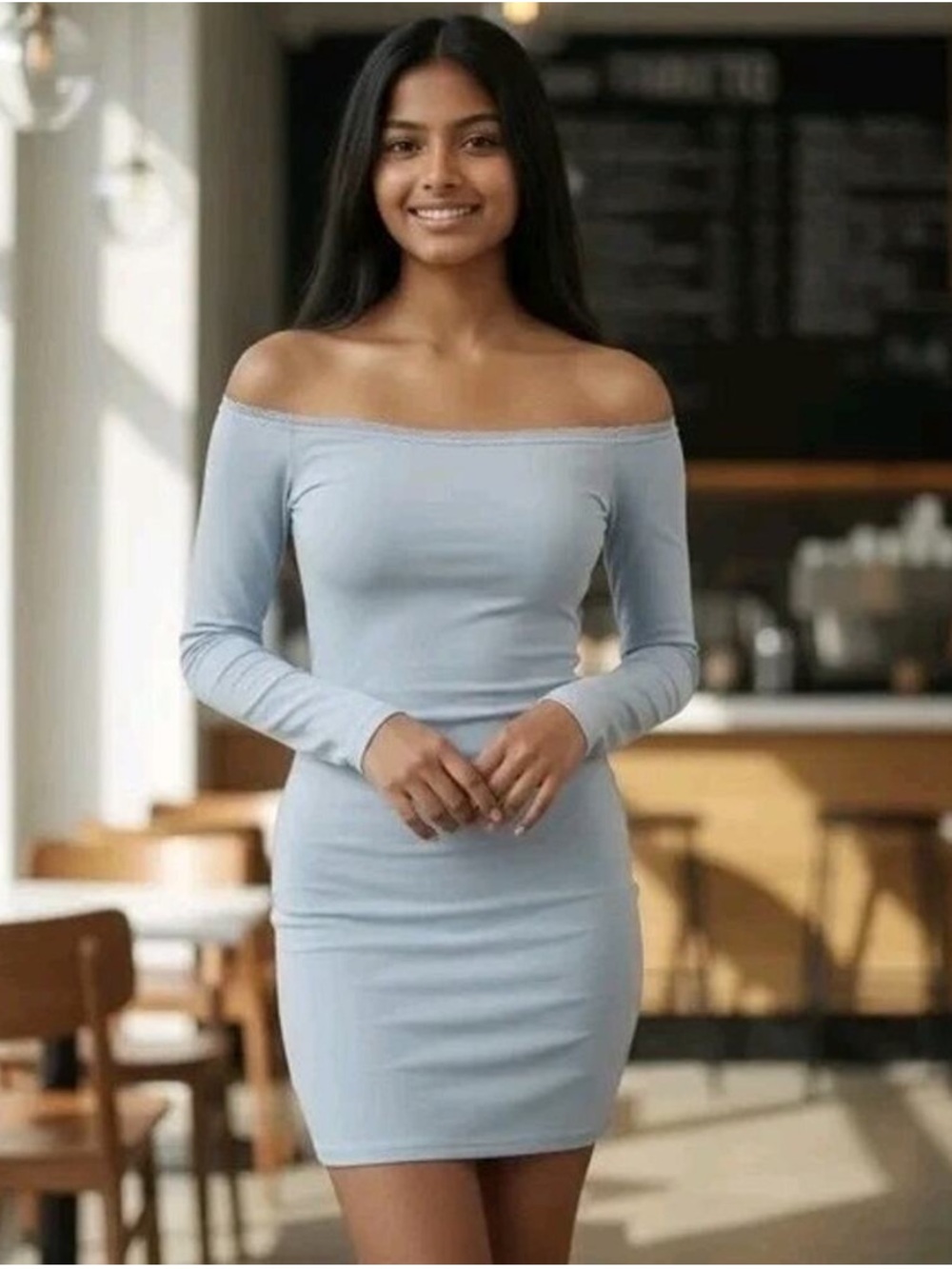 Wild Fable Off-Shoulder Long Sleeve Blue Bodycon Mini Skater Dress | NWT